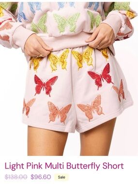 QUEEN OF SPARKLES Light Pink Butterfly Embroidered High Waist Shorts